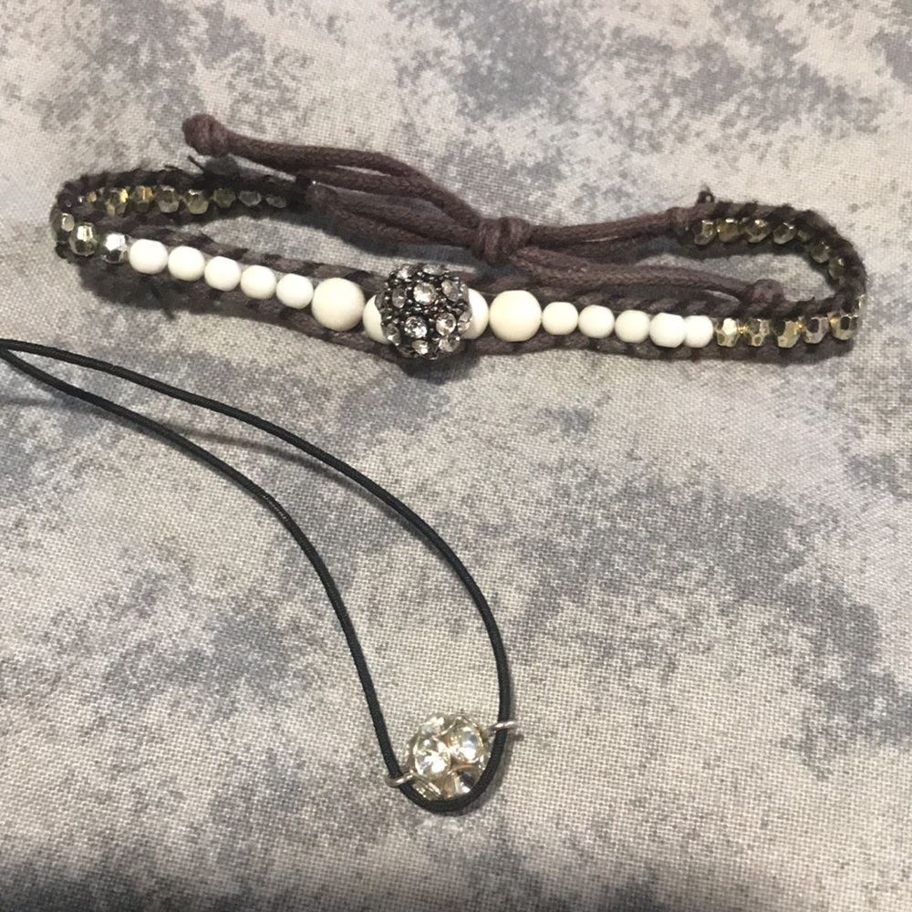 2 piece bracelet and choaker necklace white and sparkle with brown & black rope